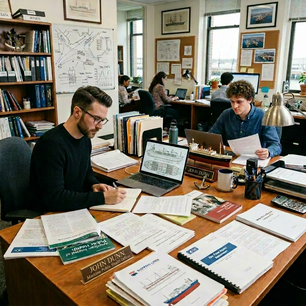 Two researchers working with public health research documents and laptops in an office