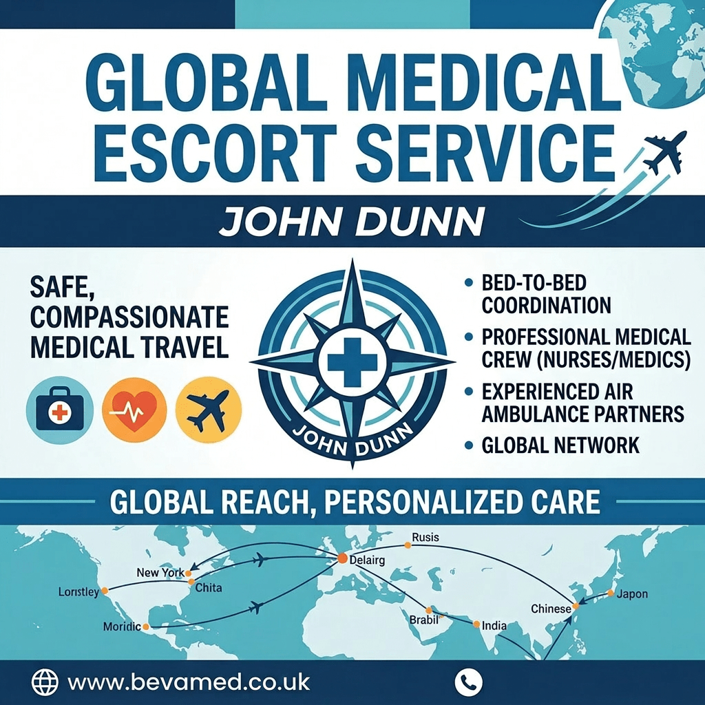 Global Medical Escort Service by John Dunn with features and global network map